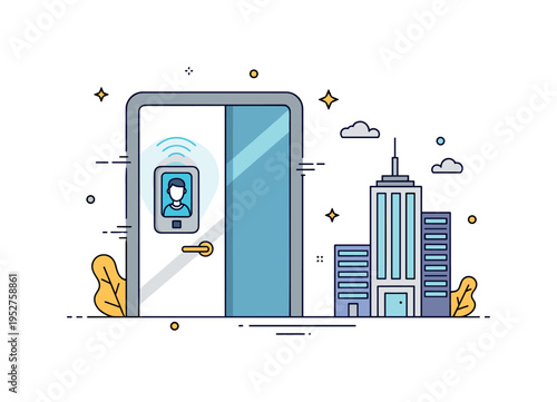 Biometric access control in office buildings represented by a modern door with a glowing face ID panel and a small office tower silhouette in the background,
