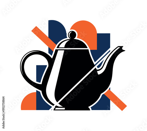 Black and white elegant teapot with exaggerated curved handle and spout, bold semicircles and diagonal beams enhancing silhouette, flat navy blue and burnt