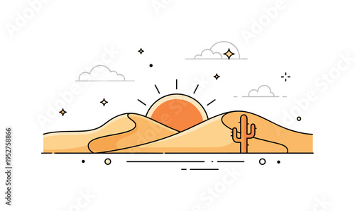 Desert sunset landscape illustrated with a warm sun setting behind soft sand dunes and a small cactus silhouette, conveying warmth and vast peaceful space.