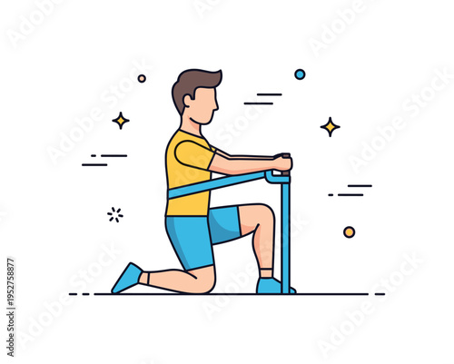 Athletic recovery stretch concept shown as a kneeling figure using a strap to gently support a quad stretch, conveying injury prevention and muscle care. The