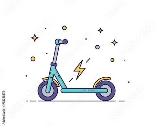 Micro mobility transport icon push scooter wheel paired with small lightning bolt accent suggesting lightweight efficiency and energy saving travel. A modern