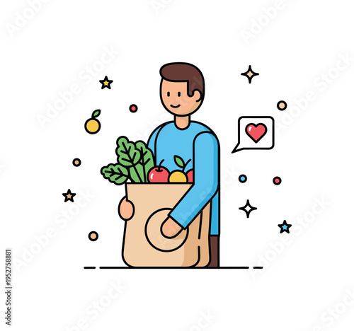 Healthy food shopping concept built around a person carrying a bag with visible greens, fruits, and a small heart icon accent suggesting nutrition