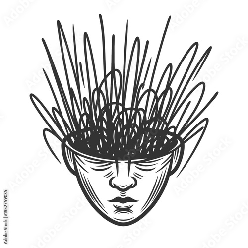 human head with chaotic tangled lines emerging from the mind, overthinking, mental stress, confusion, and psychological turmoil sketch engraving generative ai vector illustration. Black and white.