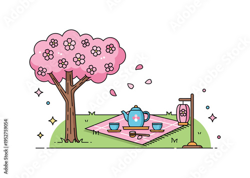 Cherry blossom viewing picnic small blanket laid under a flowering tree with a tea set and drifting petals, conveying hanami tradition and peaceful outdoor