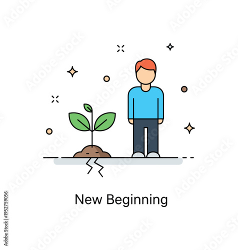 Hope and recovery after societal disruption portrayed by a small plant growing from cracked ground beside a calm standing figure. Soft sparkle accents and a