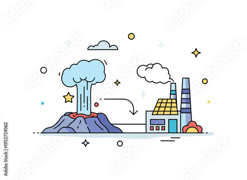 Hot spring power utilization centered on a stylized natural geyser connected to a small plant structure, symbolizing transformation of natural