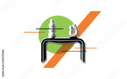 Black and white curved console table with tall organic-shaped vase and abstract stone sculpture, strong lime green circle forming background anchor, sharp