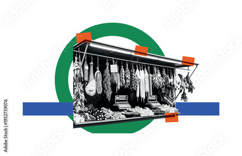Black and white market stall with hanging goods, bold deep green circular halo framing the stand, cobalt blue horizontal bar grounding the base, small burnt