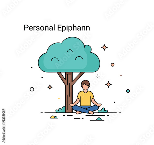 Personal epiphany illustrated by a person meditating under a tree with soft light and small symbolic sparkles, conveying mindfulness, clarity, and sudden