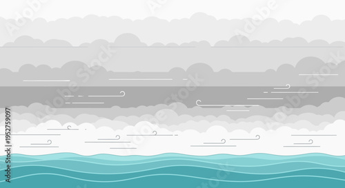 Abstract cloudy sky over wavy ocean with wind streaks, flat design