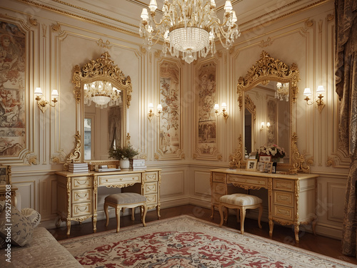 Elegant luxury classic interior with ornate decorations, crystal chandelier, and European-style architecture