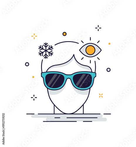 Wearing sunglasses winter sun protection concept illustrated by a simple face silhouette wearing dark lenses with a small snowflake and sun icon beside it. The