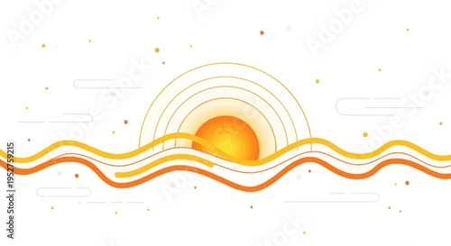 Abstract Sunrise Over Wavy Horizon, Minimalist Geometric Sun and Ocean Waves, Bright Orange and Yellow