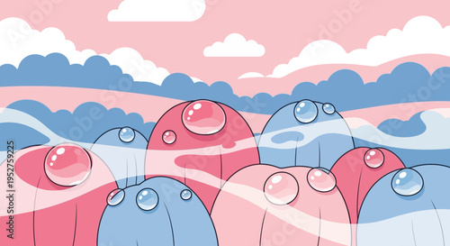 Abstract Surreal Landscape with Pink and Blue Organic Shapes and Water Droplets