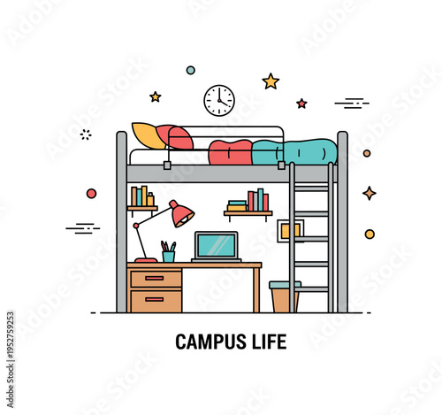Modern dorm setup centered on a lofted bed with a small desk underneath and a neatly placed laptop. A compact ?Campus Life? text detail highlights efficient