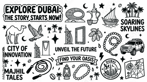 Dubai Travel Doodle Icons: Explore City of Innovation