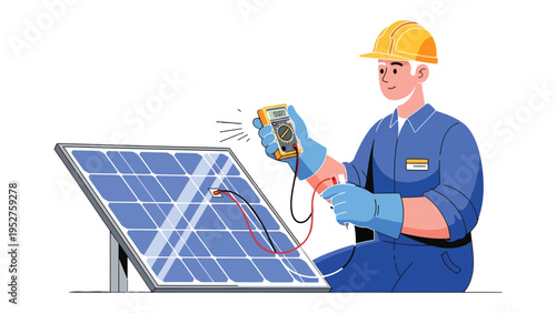 Solar Panel Examination: An electrician inspects a solar panel, demonstrating the process of renewable energy and green technology.