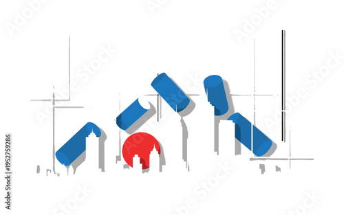 Black and white skyscraper silhouette inspired by New York skyline, bold red sun circle partially hidden behind buildings, blue cylindrical and rectangular