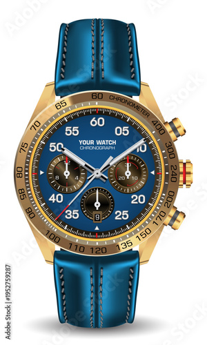 Realistic gold steel watch chronograph black red face blue leather strap on white background design modern luxury for men fashion vector