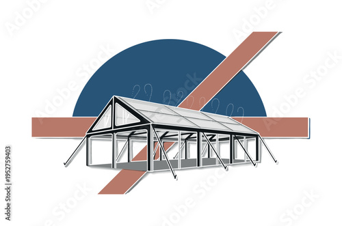 Black and white transparent tent structure with visible support poles, oversized deep blue semicircle framing the roofline, muted terracotta geometric stripe