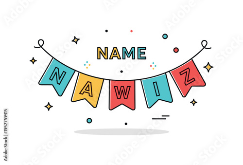 Name banner customization concept represented by a string of bunting flags each carrying a bold letter, forming a short celebratory word. The compact editorial