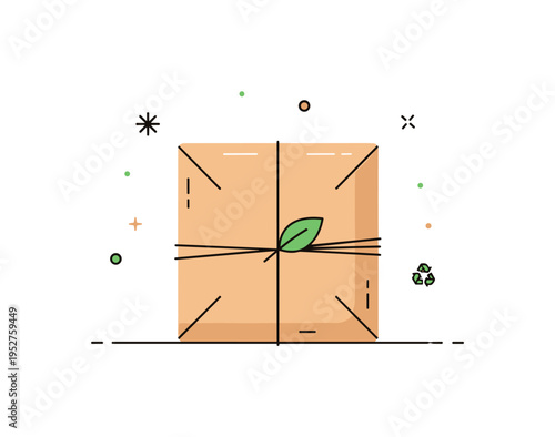 Eco friendly product wrap simple kraft paper package tied with natural twine and tiny leaf accent, conveying minimal waste and biodegradable design. Minimalist