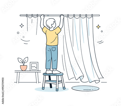 Hanging lighter curtains. A person standing on a small step stool gently attaches airy curtains to a curtain rod, soft fabric flowing down in calm vertical