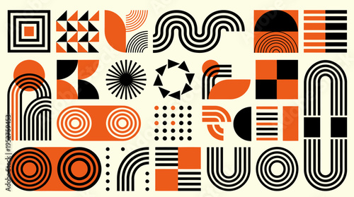 Geometric Abstract Pattern, Mid-Century Modern Design, Orange and Black
