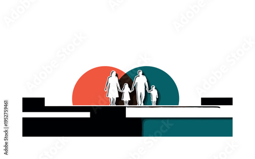 Black and white family walking hand in hand outdoors, intersected by bold semicircles symbolizing sun and protection, flat geometric horizon blocks grounding