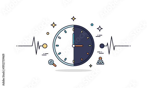 Time change transition theme showing a clock face gradually shifting from light to dark background halves, symbolizing adjustment and adaptation. The balanced