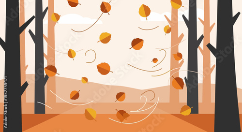 Autumn Forest Scene with Falling Leaves and Wind