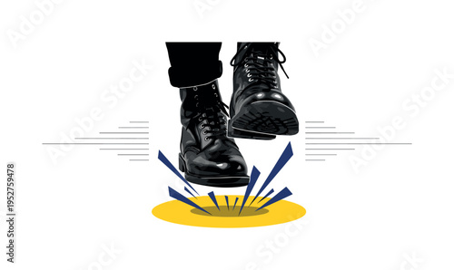 Black and white close-up of polished boots stepping in place, vivid yellow circle beneath the feet symbolizing impact, deep blue angular fragments radiating