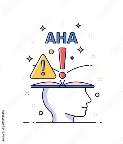 Aha insight breakthrough illustrated through a bold exclamation mark emerging from an open mind icon with small sparkle accents, symbolizing discovery,