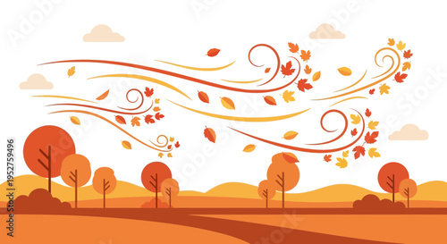 Autumn wind blowing leaves and trees in a rural landscape, fall season concept