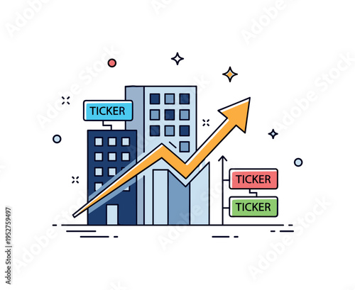 Initial public offering concept illustrated through a building silhouette paired with a rising chart arrow and small ticker accents, representing companies