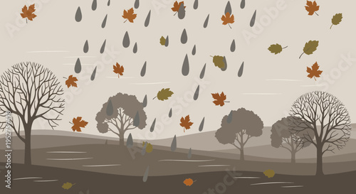 Autumn Rain Falling on Trees and Landscape, Falling Leaves, Moody Weather