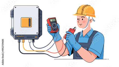 Electrician's Precision: An electrician diligently uses a multimeter to inspect an electrical component. Demonstrating expertise, safety, and attention to detail. 