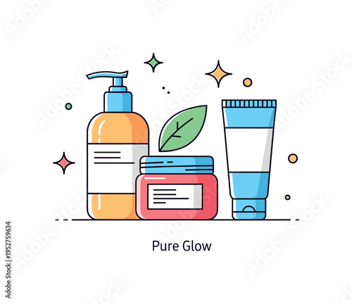 Skincare set mockup premium cosmetic collection arranged with pump bottle, jar and tube grouped in a balanced composition, conveying clean beauty branding and