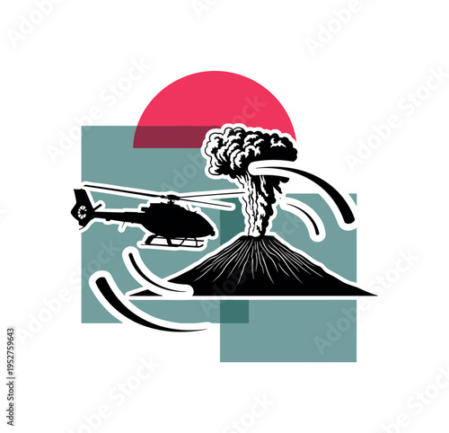Black and white helicopter silhouette hovering near volcanic plume, vibrant crimson semicircle framing the upper sky area, muted teal geometric rectangle