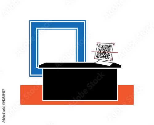 Black and white simplified store counter with QR code stand on top, bold orange horizontal bar grounding the counter, blue geometric square framing the upper