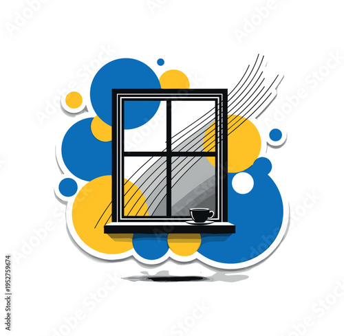 A monochrome window frame with soft morning light and a coffee cup on the sill, surrounded by overlapping blue and yellow circles and thin diagonal lines