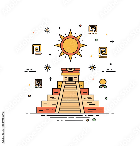 Mayan civilization astronomical knowledge illustrated with a stepped temple pyramid beneath a stylized sun and star pattern, symbolizing advanced calendar