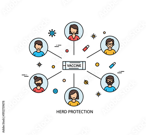 Mass immunization program design centered on multiple small avatar icons connected to a single vaccine symbol. Balanced composition and a subtle