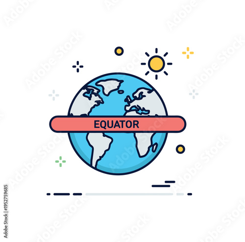 Equator global line concept featuring a simplified globe with a bold horizontal band circling its center and a small Sun icon nearby, expressing Earth?s