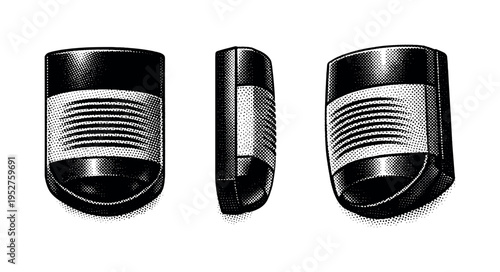 Wall-mounted siren alarm unit depicted as one object in front view, side view, and angled three-quarter view emphasizing grille texture and casing volume.