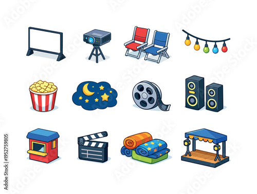 Open-Air Cinema. Colorful isometric vector icons set of Open-Air Cinema: outdoor movie screen, projector on stand, folding chairs, string lights, popcorn