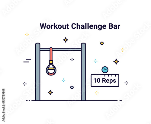 Workout challenge bar single pull up bar with a small counter icon reading Reps beside it, expressing structured training goals. A practical editorial badge