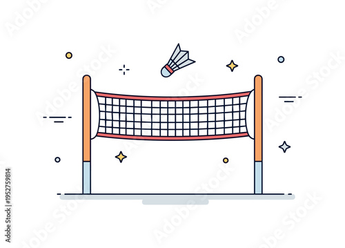 Backyard badminton setup featuring a simple net stretched between two poles with a shuttlecock floating above. The composition communicates light competition