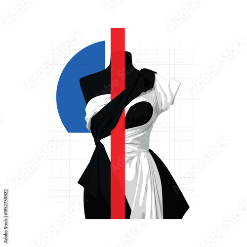 Black and white mannequin torso styled with avant-garde outfit, bold red vertical bar dividing composition, blue semicircle framing one side of mannequin, thin