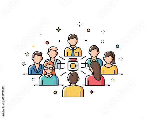 Consumer behavior influence group of small shopper silhouettes facing a highlighted product in the center. A clear visual metaphor for preferences shaping